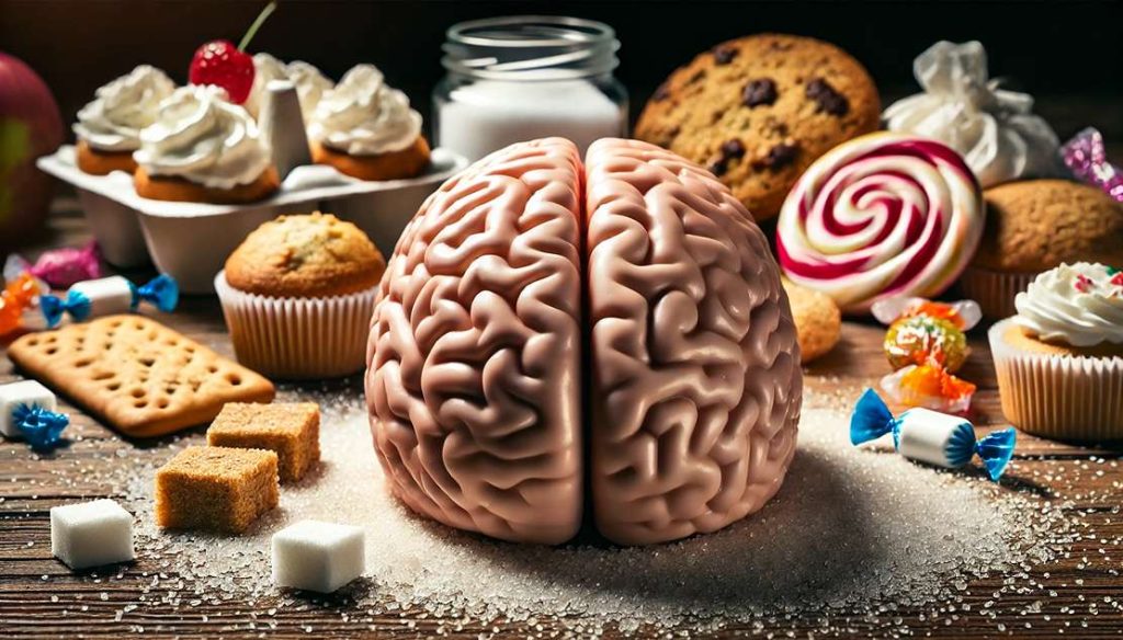 مغز در کنار خوراکی‌های قندی با نور شدید روی شیرینی‌ها