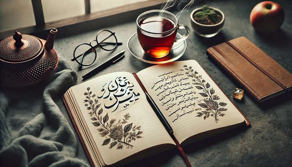 یک دفترچه یادداشت باز در کنار لیوان دمنوش