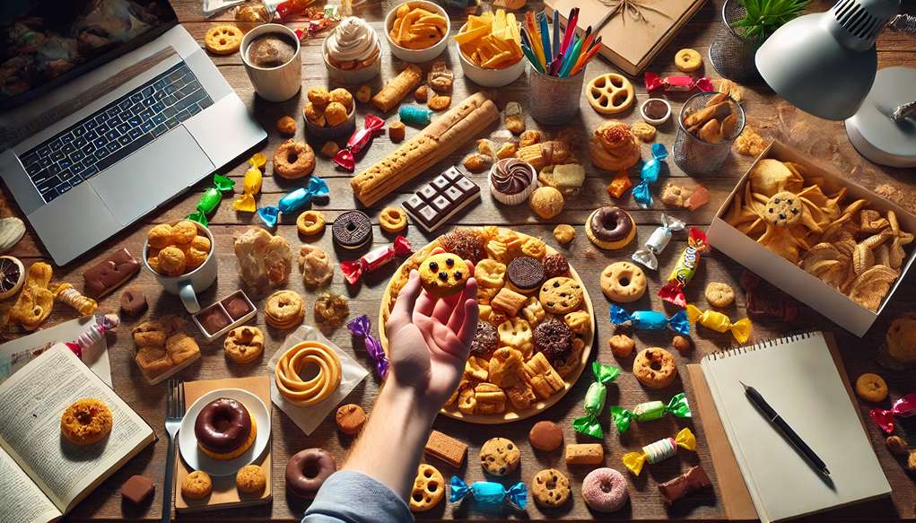 میز کار پر از خوراکی‌های ریز و تنقلات