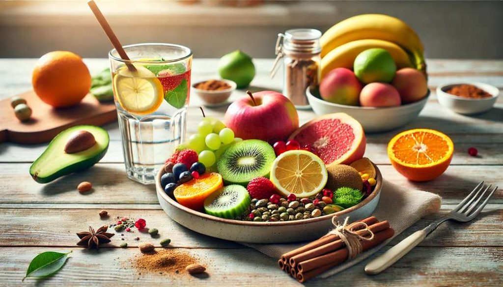 بشقابی از خوراکی‌های سالم رنگی در کنار آب‌لیمو و دارچین