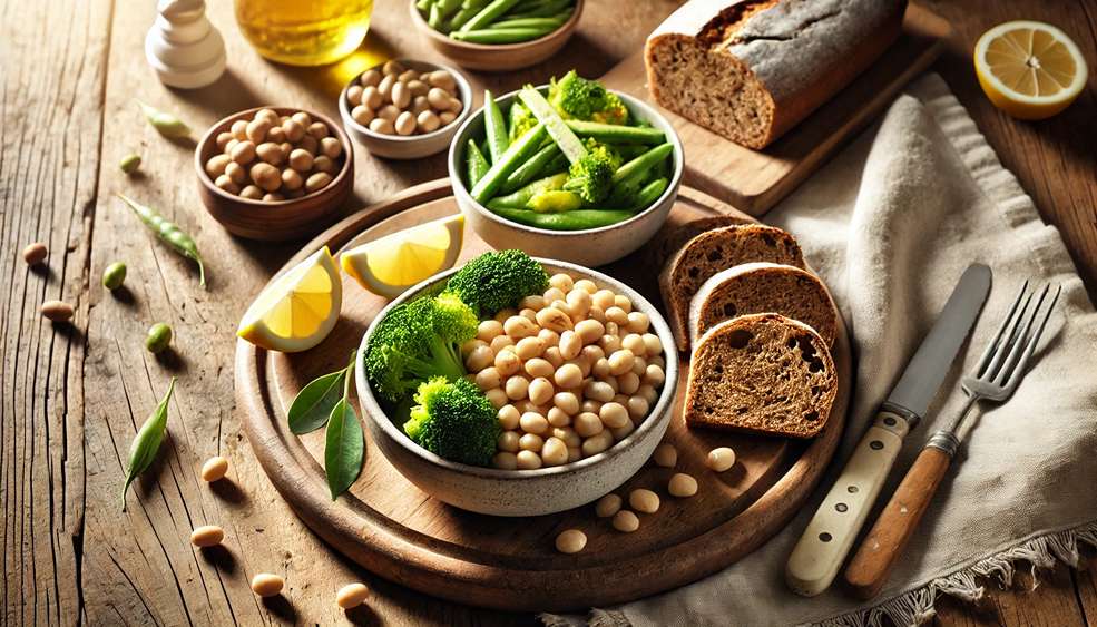 میز غذا شامل نان سبوس‌دار، باقلا، سبزیجات بخارپز و لیمو تازه