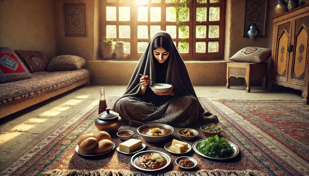 خانمی ایرانی در حال صرف غذای ساده روی سفره‌ای آرامش‌بخش