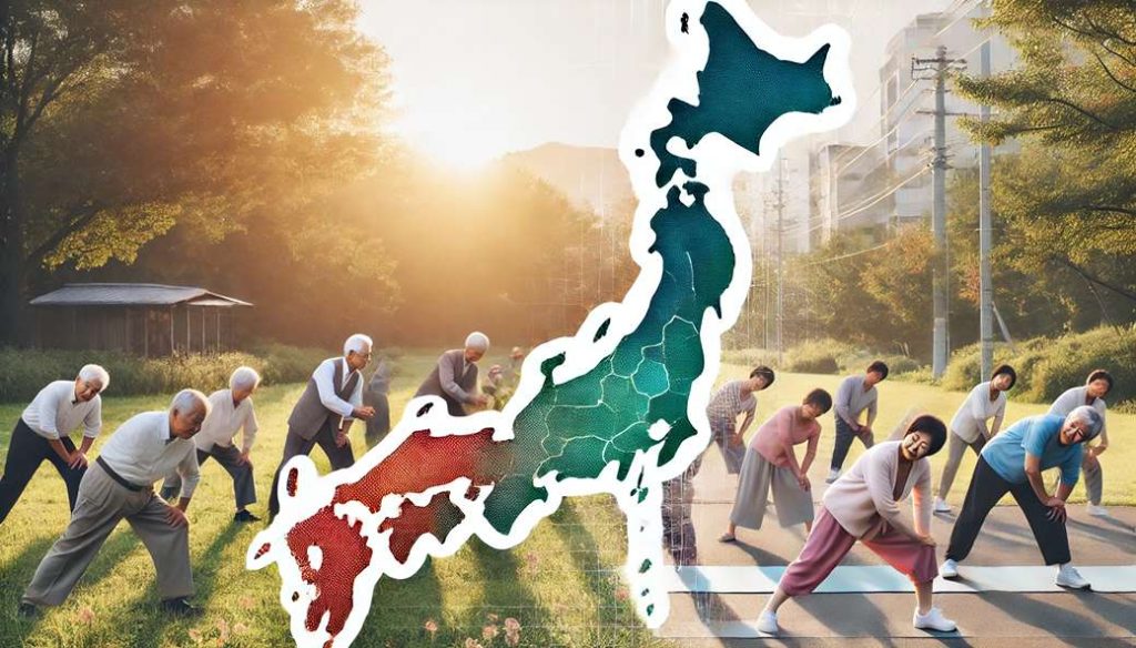 میزان سالمندان روی نقشه ژاپن، همراه با نمایی از پارک سالمندان در حال ورزش