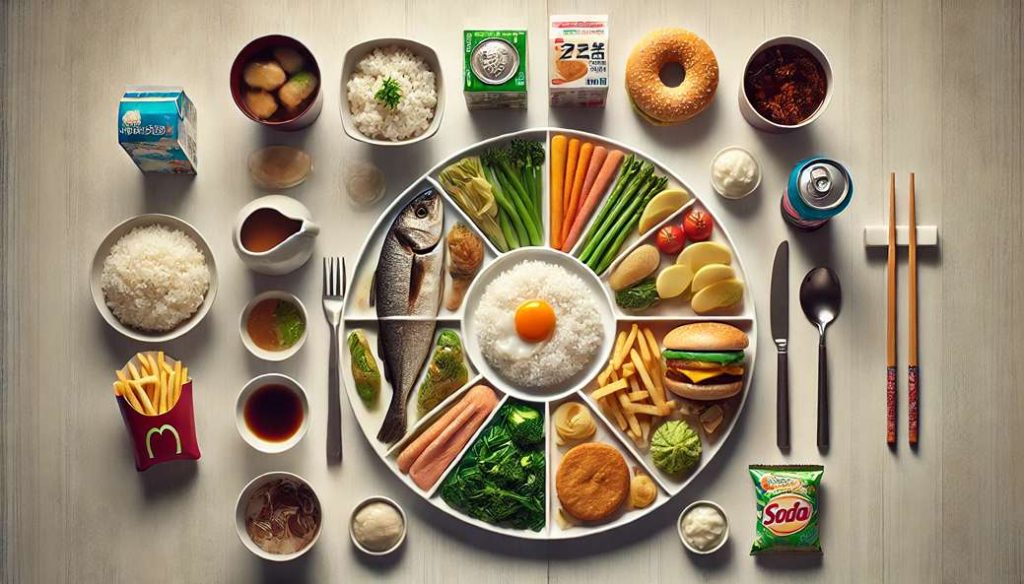 بشقاب نصف ژاپنی، نصف آمریکایی با غذاهای فراوری‌شده