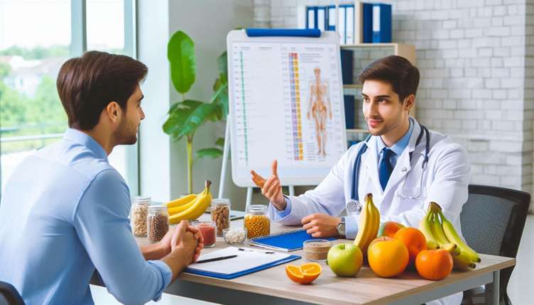 مردی در مطب در حال صحبت با متخصص تغذیه، روی میز دفترچه یادداشت و نتیجه آزمایش