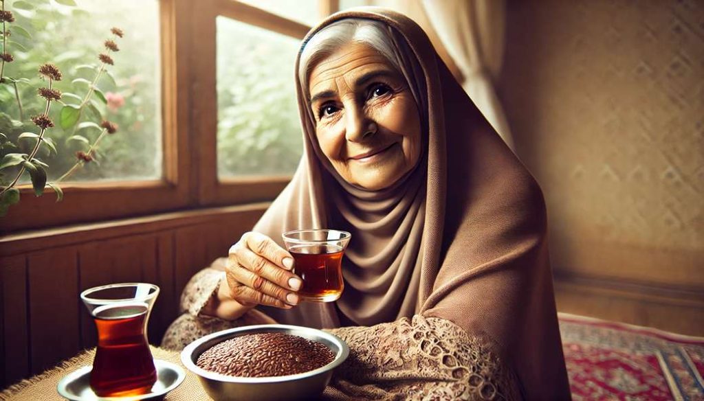 تصویر زن مسنی با لبخند آرام، در حال نوشیدن چای با ظرفی از بذر کتان در کنار.