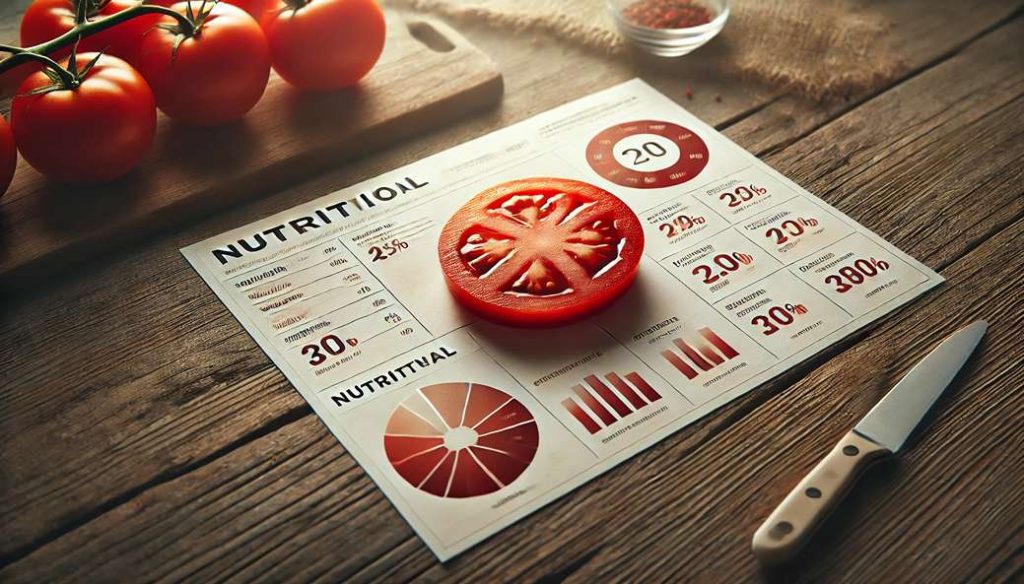 برشی از گوجه‌فرنگی تازه کنار جدول ارزش غذایی