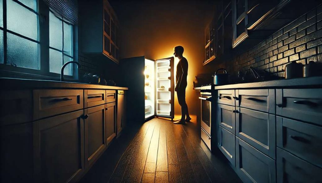 نور یخچال در تاریکی شب و سایه فردی خواب‌آلود