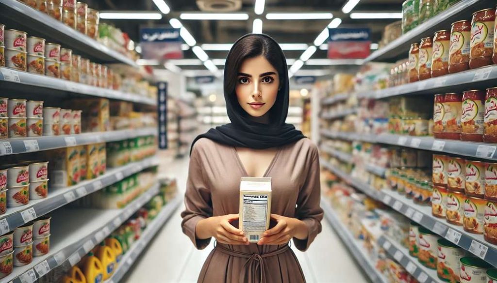 زن جوانی که در حال خواندن برچسب مواد غذایی روی یک محصول سالم است
