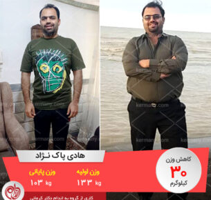 هادی پاک نژاد رکورددار کاهش وزن دکتر کرمانی- وزن اولیه 133 و وزن فعلی 103، میزان کاهش وزن 30 کیلوگرم