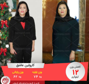 کارولین عاشق رکورددار دکتر کرمانی وزن قبل از رژیم: 74 کیلو وزن پایانی: 62 کیلو کاهش وزن: 12 کیلو