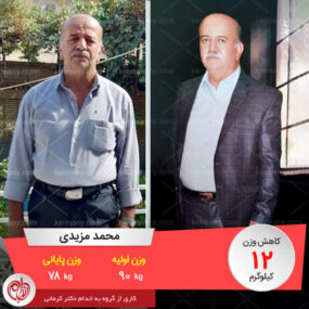 محمد مزیدی رکورددار دکتر کرمانی وزن اولیه: 90 کیلو وزن پایانی: 78 کیلو میزان کاهش وزن: 12 کیلو