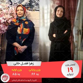 زهرا فضل خانی رکورددار کاهش وزن رژیم دکتر کرمانی، وزن اولیه 85 کیلو، وزن پایانی 66 کیلو