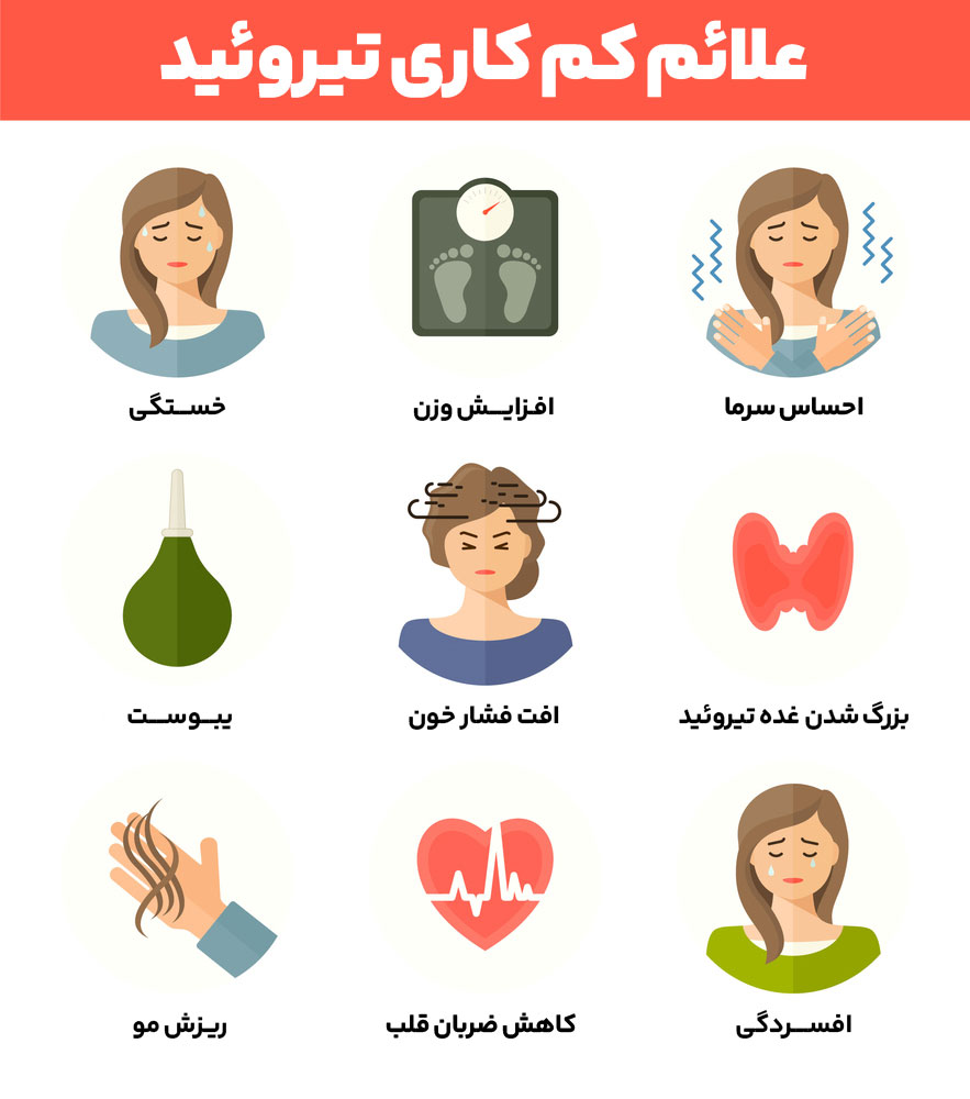 اینفوگرافی6 کم کاری تیروئید اختلالیست که در آن غده تیروئید به اندازه کافی هورمون تیروئید تولید نمی کند. این غده کوچک اما بسیار مهم، در گردن قرار دارد و هورمون‌هایی تولید می‌کند که تقریباً بر تمام سلول‌های بدن تأثیر می‌گذارند.