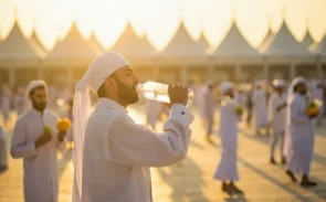 حجاج در حال استراحت و نوشیدن آب برای جلوگیری از گرمازدگی