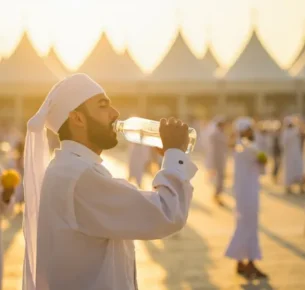 حجاج در حال استراحت و نوشیدن آب برای جلوگیری از گرمازدگی