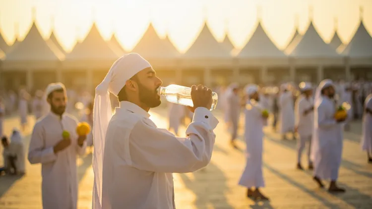 حجاج در حال استراحت و نوشیدن آب برای جلوگیری از گرمازدگی