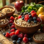 مقاله میز پر از میوه‌ها، سبزیجات، حبوبات و غلات کامل با فیبر بالا